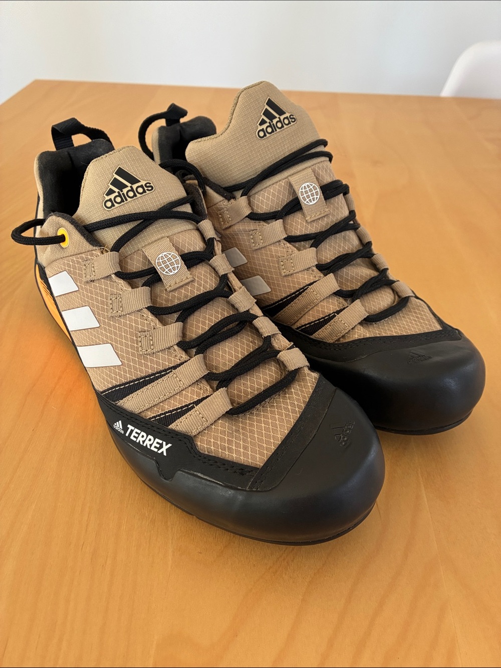 Adidas Terrex Men's Tan and Black Trail Sneakers with White Stripes